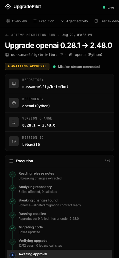 Mission Control dashboard displayed at phone width